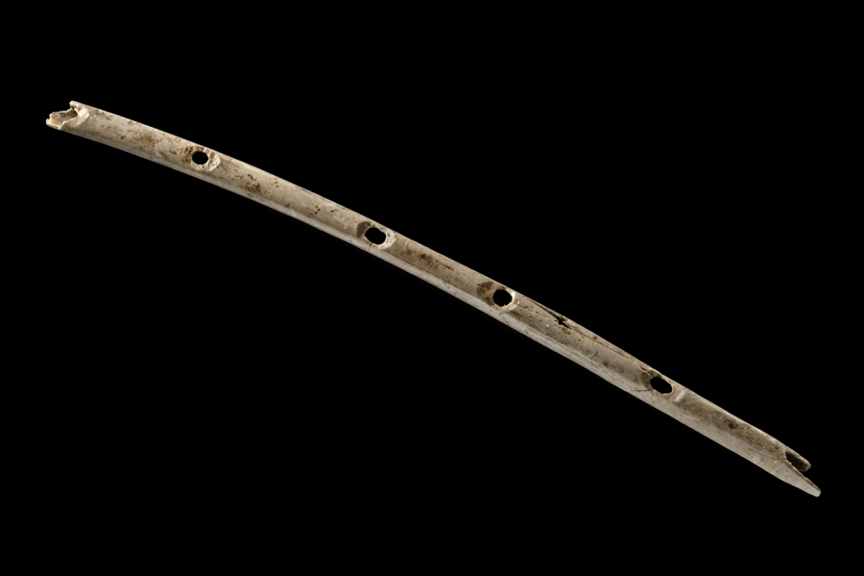 Eine 21,8 cm lange Flöte aus dem Unterarmknochen (Speiche) eines Gänsegeiers. Vier vollständige Fingerlöcher sind erhalten, am fünften Fingerloch ist sie abgebrochen. Am nicht abgebrochenen Ende des Knochens wurde der Randbereich zu einer Kerbe im Schaft angeschrägt. Der Durchmesser der Flöte ist nur 8 mm. 
